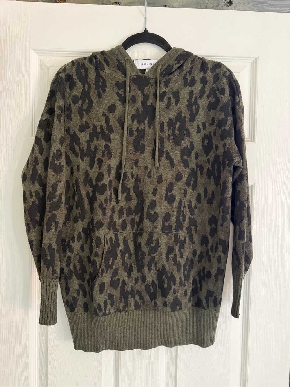 John + Jenn Olive and Black Leopard-Print Crewneck Hoodie Sweater